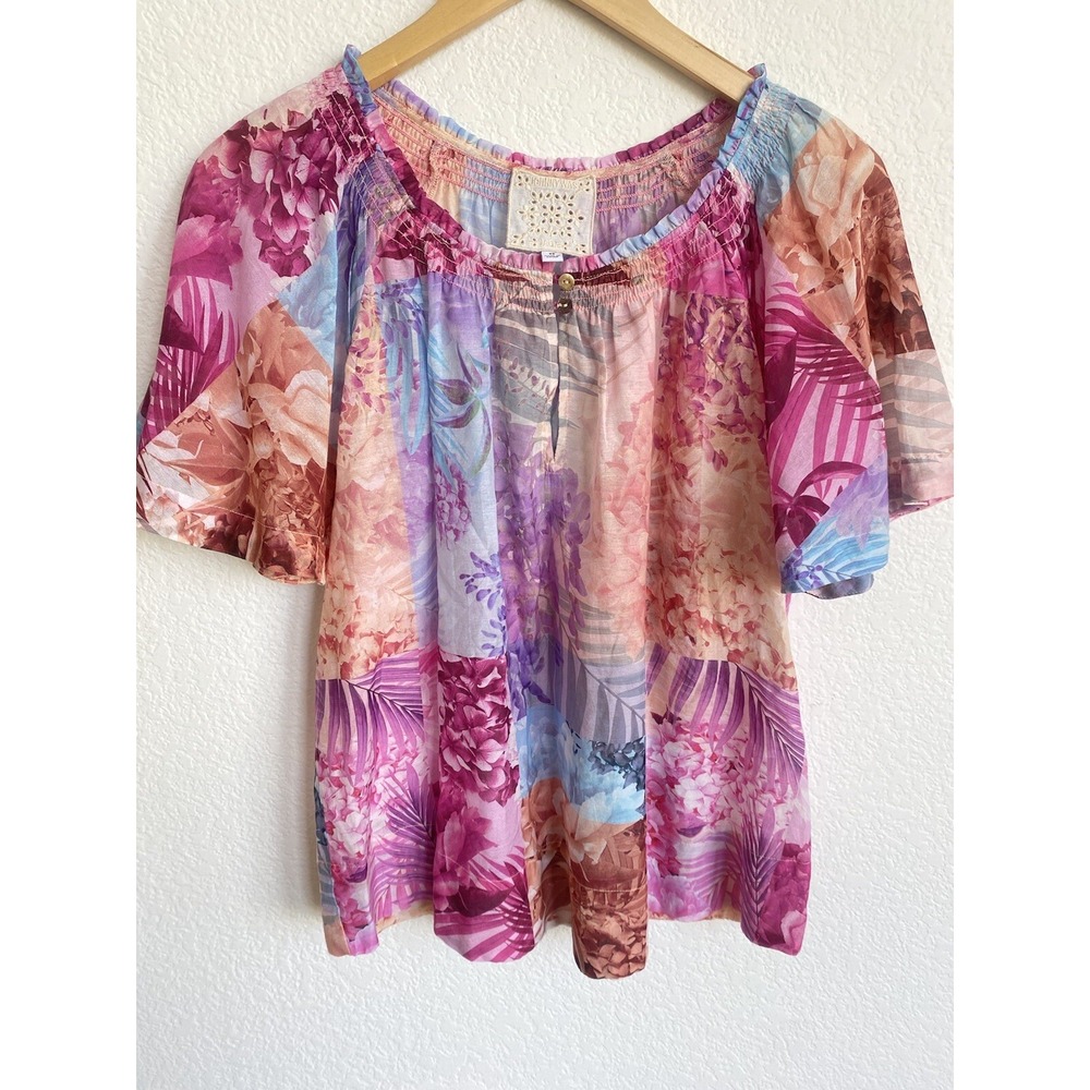 Johnny Was Women's Size XS Esme Floral‎ Print Peasant Blouse Silk Blend